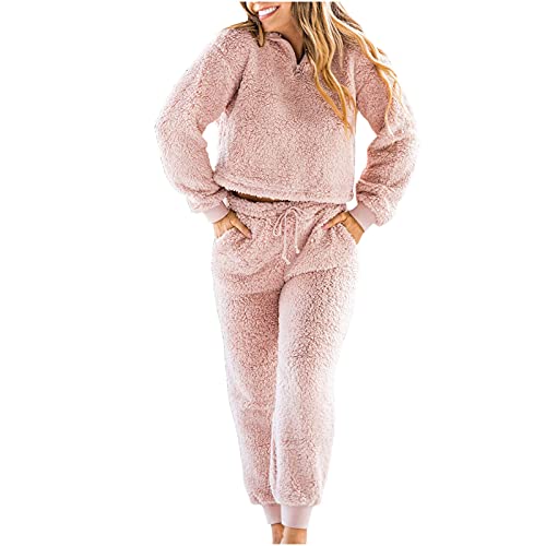 Masrin Loungewear Set Damen Einfarbige Plüsch Homewear Winter Warmer Fleece Nachtwäsche Anzug Langärmliges Sweatshirt mit Reißverschluss und V Ausschnitt + Hose mit elastischer Taille Pyjama Outfit von Masrin