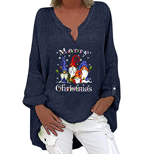 Masrin Oversize Pullover Damen Weihnachten Vintage Baumwoll Leinen Bluse Weihnachtszwerg Motiv Langarmshirt Große Größe Locker Longshirt Christmas Longbluse Lang Pulli Tops Jumper Longtops Streetwear von Masrin