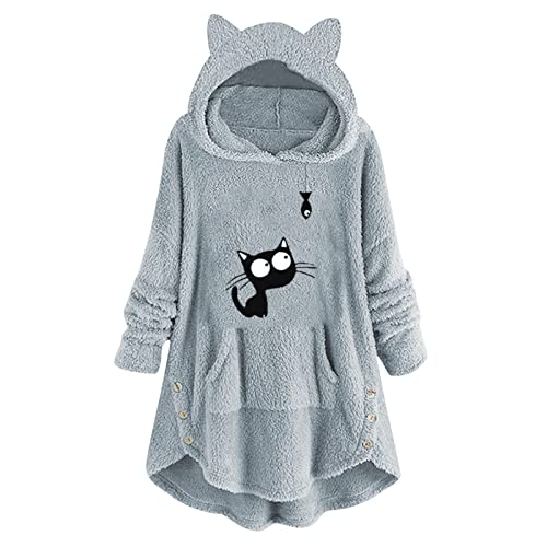 Masrin Plüsch Hoodie Damen Niedlicher Katzen Tierdruck Pullover Katzenohren Kapuzenpullover Winter Fleece Sweatshirt Bluse mit unregelmäßigem Knopfverschluss Langarm Manteloberteile Winterjacke von Masrin