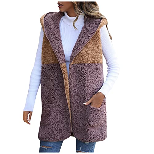 Masrin Plüschweste mit Kapuze Damen lang Farbblock Patchwork Plüschmantel Knopflose Cardigan Tops Ärmellose Winterweste Warmer Wintermantel Übergangsjacke Stickjacke Winterjacke Trenchcoat von Masrin