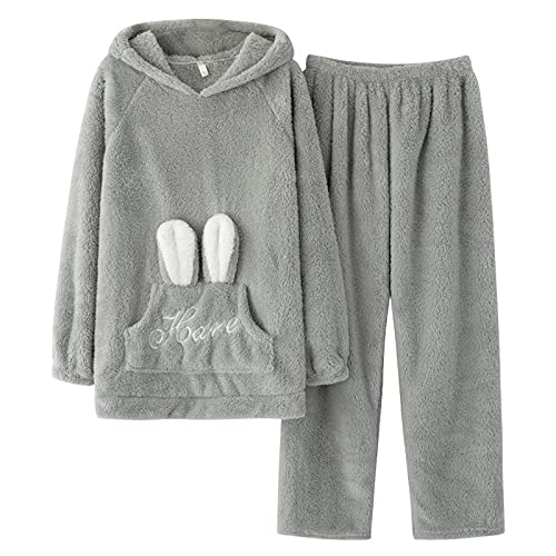 Masrin Pyjama Set für Paare Damen Herren Plüsch Nachtwäsche Anzug Warme Winter Fleece Nachtwäsche Langarm Sweatshirt mit Kapuze +Hose Cartoon süße Homewear von Masrin