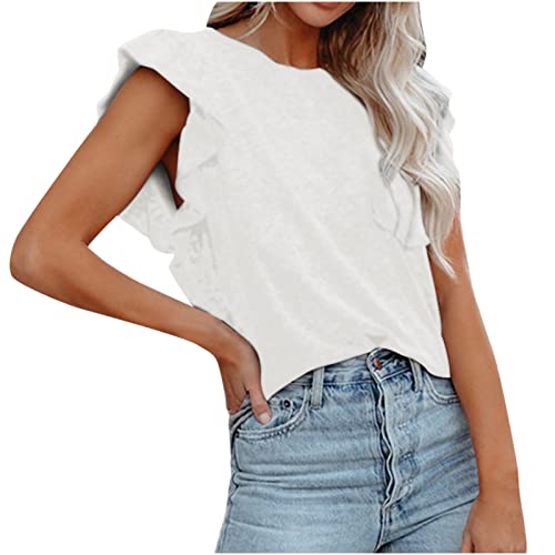 Masrin Rüschen Bluse Damen Modischem Einfarbig Tunika Kurzärmliges T-Shirt mit Rundhalsausschnitt Partykleidung mit Rüschenärmeln Sommer Tops Niedlich Tees Shirt Schlanke Tshirts für Frauen von Masrin