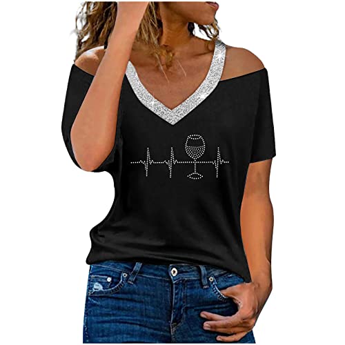 Masrin Schulterfreies T-Shirt Damen Oberteile mit Fünfzackiger Stern Strass Motiv Undichte Schulter Kurzarm Pullover Tunika mit Herzmotiv Sommer Tops Schmal Blusen Kurzen Ärmeln Tshirts für Frauen von Masrin