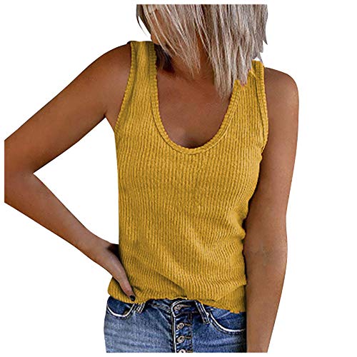 Masrin Solide Tanktops für Damen Ärmelloses Hemd mit U-Ausschnitt Sommer Lässige Rippenstrick-Trainings-T-Shirt-Bluse(XL,Gelb) von Masrin