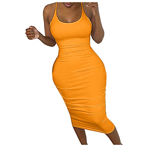 Masrin Sommerkleid Etuikleid für Damen Rückenfreies, figurbetontes Sommerkleid aus Netzstoff Einfarbiges, eng anliegendes langes Kleid Club-Kleid Strandkleid(S,Orange) von Masrin