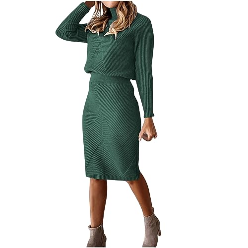 Masrin Strickkleid Set Damen Winterwarmes Gestricktes Zweiteiliges Outfit Einfarbiges Geripptes Strickkleid Rollkragenpullover + Knielanger Rock Hoher Taille Wickelkleid Elegant Partykleid S-5XL von Masrin