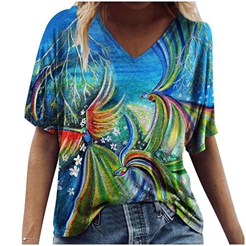 Masrin T-Shirt für Frauen Sommer lässig 3D Bunte Vogel Blume Tierdruck Tops Kurzarm V-Ausschnitt lose Tunika Bluse Streetwear(M,Grün) von Masrin