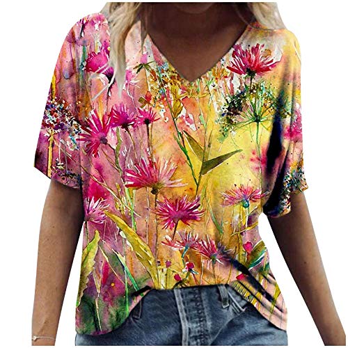 Masrin T-Shirt für Frauen Sommer lässig 3D Bunte Vogel Blume Tierdruck Tops Kurzarm V-Ausschnitt lose Tunika Bluse Streetwear(S,Rosa) von Masrin