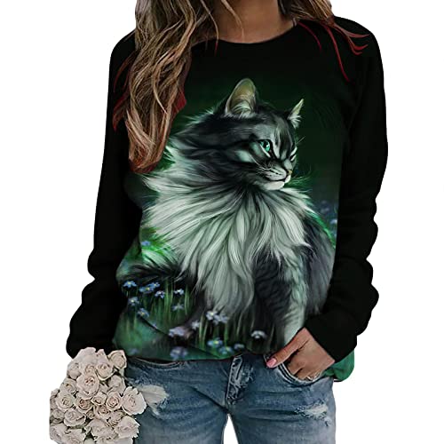 Masrin Trendige Oberteile Damen süßer Katzendruck Pullover Pulli Tops mit Rundhals und Langen Ärmeln Frühlings Herbst Sweatshirt Tiermotiv Langarmshirts Basic Shirt Weite Tunika Bluse Sportbekleidung von Masrin