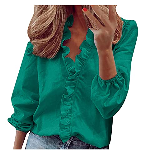 Masrin Trendige Oberteile für Damen Pullover mit Rüschen-Patchwork Herbst einfarbiges Hemd Plus Size V-Ausschnitt Langarm Lose Tunika Bluse(3XL,Grün) von Masrin