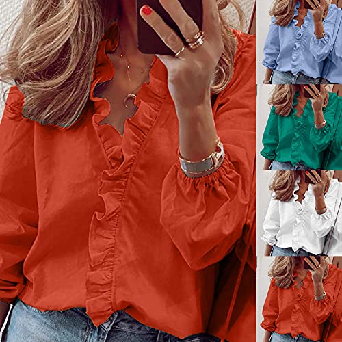 Masrin Trendige Oberteile für Damen Pullover mit Rüschen-Patchwork Herbst einfarbiges Hemd Plus Size V-Ausschnitt Langarm Lose Tunika Bluse(5XL,Grün) von Masrin
