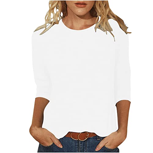 Masrin Tshirt Damen 3/4-Ärmeln T-Shirt Oberteile Lässiger Einfarbiges Pullover O-Ausschnitt Dreiviertel Ärmeln Pulli Tops Sommer Herbst Basic Shirt Lockere All-Match Tunika Bluse Blusenshirt von Masrin