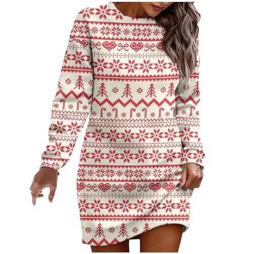 Masrin Weihnachtskleid Damen Kurz Elegantes Sweatkleid Herbst Winter Pulloverkleid Rundhals Langarm Etuikleid Weihnachtsbaum Schneeflocken Druck Minikleid Sweatshirt ohne Kapuze Locker Long Pullover von Masrin