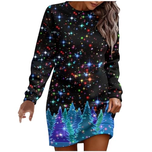 Masrin Weihnachtskleid Damen Kurz Elegantes Sweatkleid Herbst Winter Pulloverkleid Rundhals Langarm Etuikleid Weihnachtsbaum Schneeflocken Druck Minikleid Sweatshirt ohne Kapuze Locker Long Pullover von Masrin