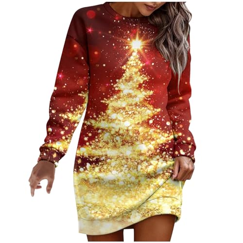 Masrin Weihnachtskleid Damen Kurz Elegantes Sweatkleid Herbst Winter Pulloverkleid Rundhals Langarm Etuikleid Weihnachtsbaum Schneeflocken Druck Minikleid Sweatshirt ohne Kapuze Locker Long Pullover von Masrin