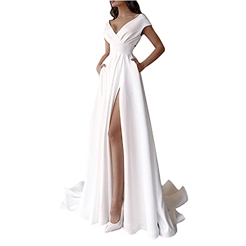 Masrin Weißes Abendkleid für Damen Einfarbiges, das langes formales Kleid wischt Geschlitztes Swingkleid mit hoher Taille Ärmelloses Partykleid mit V-Ausschnitt(L,Weiß) von Masrin