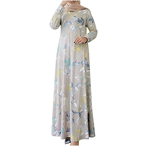 Muslimisches Maxikleid Damen Elegant Blumendruck Swing Kleid Rundhals Langen Ärmeln Herbstkleid Taille zurückziehen Skaterkleid Moslem A-Linien Kleid Muslimisch Knöchellanges Kleider von Masrin