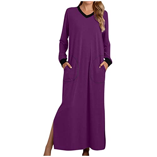 Nachthemd Damen Einfarbiges Maxikleid V-Ausschnitt Langarm Pulloverkleid Knöchellange Nachtwäsche mit Taschen Pyjama mit Seitenschlitz Schlafanzug Nachtkleid Nightdress von Masrin