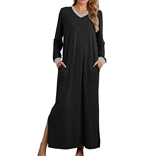 Nachthemd Damen Einfarbiges Maxikleid V-Ausschnitt Langarm Pulloverkleid Knöchellange Nachtwäsche mit Taschen Pyjama mit Seitenschlitz Schlafanzug Nachtkleid Nightdress von Masrin