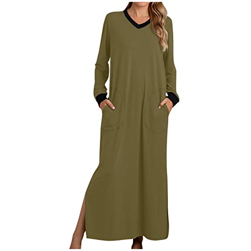 Nachthemd Damen Einfarbiges Maxikleid V-Ausschnitt Langarm Pulloverkleid Knöchellange Nachtwäsche mit Taschen Pyjama mit Seitenschlitz Schlafanzug Nachtkleid Nightdress von Masrin