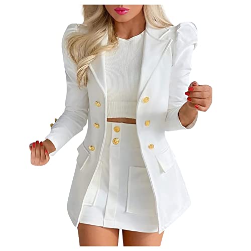 Rock & Blazer Kombination Damen Temperament Business Anzug Set zweiteilig Professionelle Kleidung für Bürodamen OL Pendler Kostüm Einfarbiger Blazer + Minirock Zweireihige Anzugjacke Anzug Mantel von Masrin