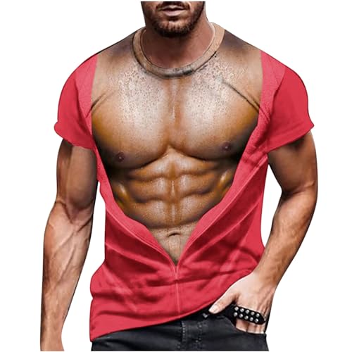 Simuliertes T-Shirt für muskulöse Männer Lustige 3D Druck Oberteile Herren Bodybuilding Simuliertes Muskel Tattoo Tshirt Lässige Nackte Haut Brustmuskel T-Shirts Witzige Streetwear 34-38 5XL von Masrin