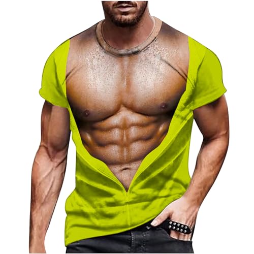 Simuliertes T-Shirt für muskulöse Männer Lustige 3D Druck Oberteile Herren Bodybuilding Simuliertes Muskel Tattoo Tshirt Lässige Nackte Haut Brustmuskel T-Shirts Witzige Streetwear 34-38 5XL von Masrin