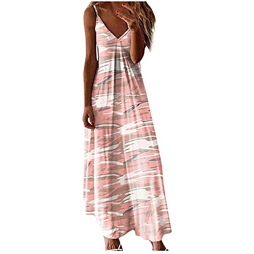 Sommerkleid Frauen Sling Strandkleid mit V-Ausschnitt A-Linien-Kleid mit Tarnmuster und Leopardenmuster Ärmelloses Skaterkleid Knöchellanges Maxikleid Etuikleid mit Spaghettiträgern Party Kleid von Masrin