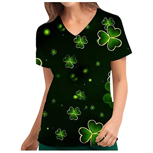 St. Patrick's Day Kasacks Damen Pflege Kostüm Lucky Kleeblatt T-Shirt Slip Shirt Kuzarm V-Ausschnitt Sommer Tshirt mit Taschen Gnom Tier Motiv Pullover Irischen Nationalfeiertag Oberteile von Masrin