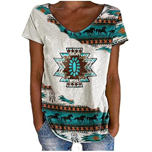 Strandtunika Damen Vintage Western Ethno-Stil T-Shirt Farbblock Print Oberteile Kurzärmliger Pullover mit V-Ausschnitt Feder Muster Tops Strandmode für den Urlaub Lockere Blusentops Streetwear von Masrin