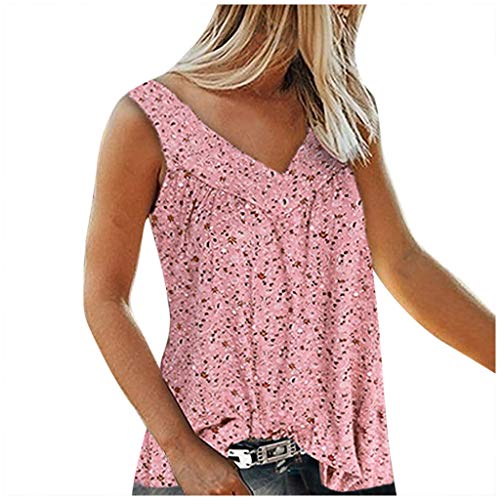 Tank Top Damen Lässige Blumendruck Weste Ärmellose Tanktops mit V-Ausschnitt Gefaltetes Plissee shirt Fließendes Longshirt Freizeithemd Lockere Tunika Bluse Hemdbluse Blusenshirt Laufshirt S-7XL von Masrin