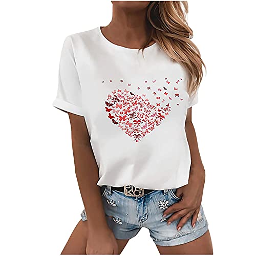 Tshirt Damen Lässige Elektrokardiogramm Druck Oberteile Herzschlagkurve Pullover T-shirt Einfarbiges Basic Shirt Rundhals Kurzarm Sommer Tops Lockere All-Match Tunika Bluse Laufshirt Sportshirt von Masrin