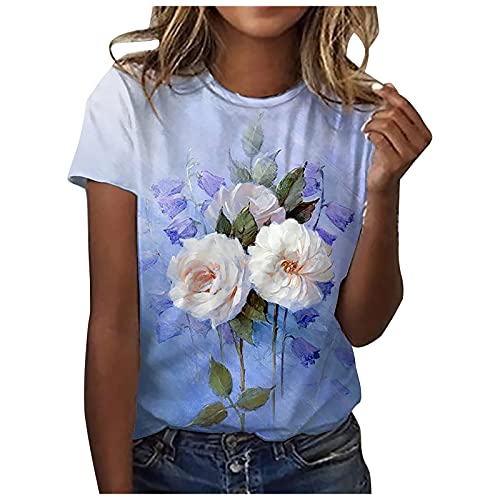 Tshirt Damen Lässige Oberteile mit 3D Rosen Schmetterlings Druck Sommer Tops Kurzärmliges T Shirt mit O Ausschnitt floralen Motiven Hemden Basic Shirt Lockere All Match Bluse Geschenk für Frauen von Masrin