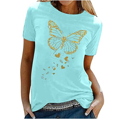 Tshirt Damen Oberteile mit Gold Schmetterlings Print Rundhals Kurzarm Bluse Lässige Tees Pullover Frühlings Herbst Basic Shirt All Match Tunika Tops Geschenk für Teenager Mädchen Pulli Streetwear von Masrin