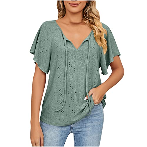 Tshirt Damen Sommer Oberteile Lässiges einfarbiges T-Shirt V-ausschnitt Kurzärmlige Tops mit Schnüren All-Match Tunika Bluse Freizeit Pullover Sportshirt Atmungsaktiv Kurzarm T-Shirts für Jeans von Masrin