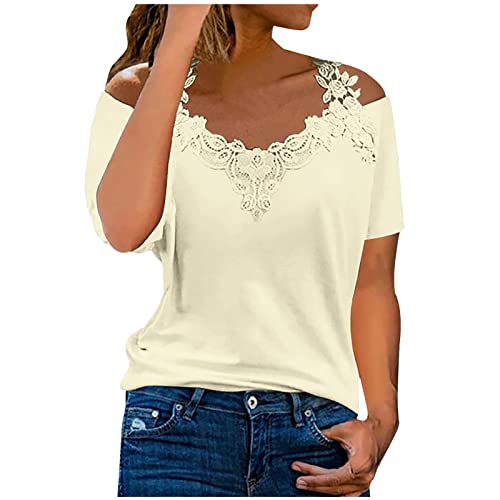 Tunika Damen Sommer Kurzarm Tshirt Modische Spitzenbesatz Bluse Schulterfreies V-Ausschnitt Shirt Floralem Schmetterlingsdruck Oberteile Sexy Schnürung T-Shirt Slim Fit Tops Partywear S-5XL von Masrin