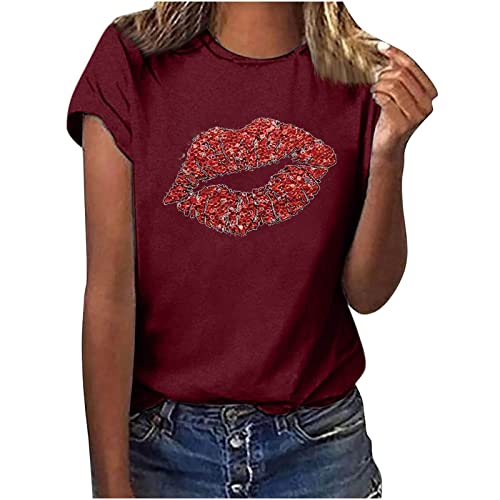 Valentinstag Tshirt Damen Romantische Oberteile mit Rote Lippe Teenager Mädchen Sommertops Frühlings Herbst Basic Shirt Rundhals Kurzarm Pulli Valentinstagsgeschenk für sie Paare Tees Lässige Bluse von Masrin
