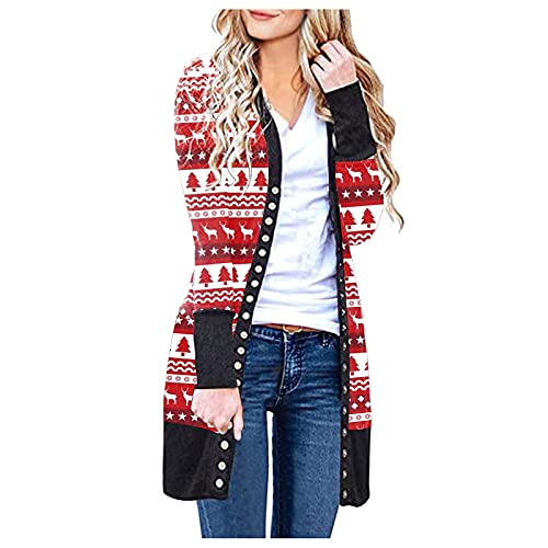 Weihnachtsstrickjacke Damen Lässiger Mantel mit Elch Print Mittellange Windjacke Einreihige Cardigan Bluse mit offener Vorderseite Herbst Langarmshirts Übergangsjacke Winterjacke von Masrin