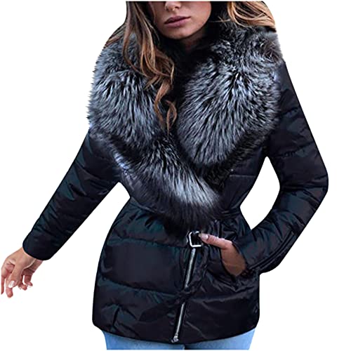 Winterjacke Damen Glänzende Daunenjacke Pelzkragen Langarm Baumwolle Mantel Wattierte Baumwolljacke Übergangsmantel Übergangsjacke Soft Shell Jacke Bomberjacken Warm gefüttert Wintermantel Steppjacke von Masrin