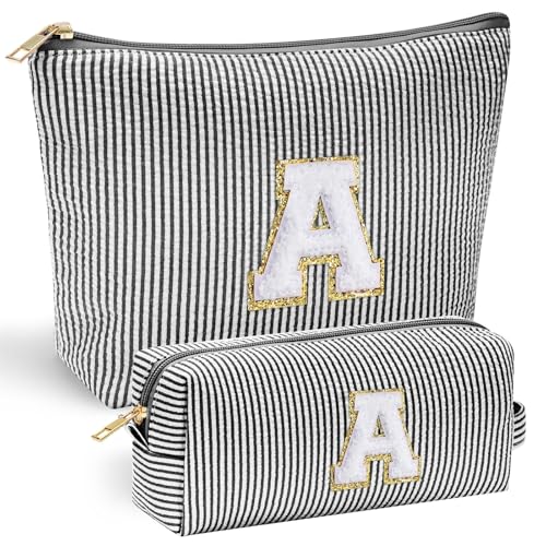 Mateju Schwarze Buchstaben Kosmetiktasche, Kulturtasche Damen, Großes Tragbare Kulturbeutel, 2Pcs Make up Tasche, Kosmetiktasche Klein mit Reißverschluss für Tägliche Reisen (A) von Mateju
