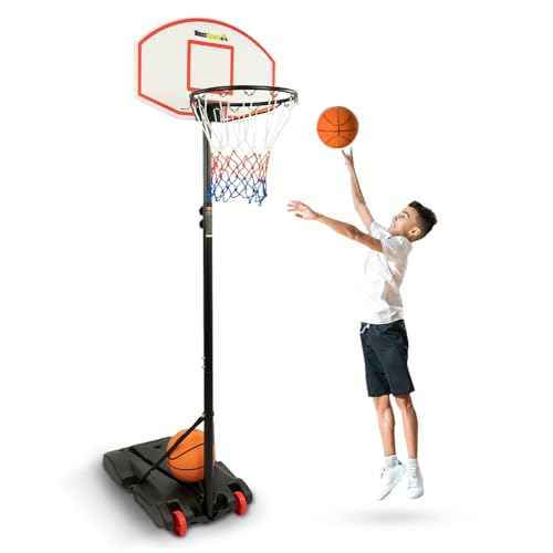 MaxxToys Kinder-Basketballkorb im Freien Verstellbar - Mehrfarbiger Bodenbasketballkorb im Freien mit Pumpe und Tragbarem Ständer - Basketballkorb fürs Leben mit 6 Verschiedenen Höhen von MaxxToys