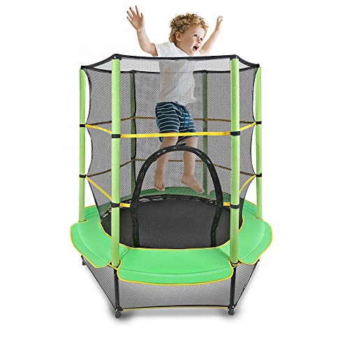 Kinder Trampolin Ø 140cm Indoor Kindertrampolin mit Sicherheitsnetz & gepolsterter Sicherheitsabdeckung, Draußen Trampolin für ab 3 Jahre, Gartentrampolin, Rot & Gelb von Maycoly