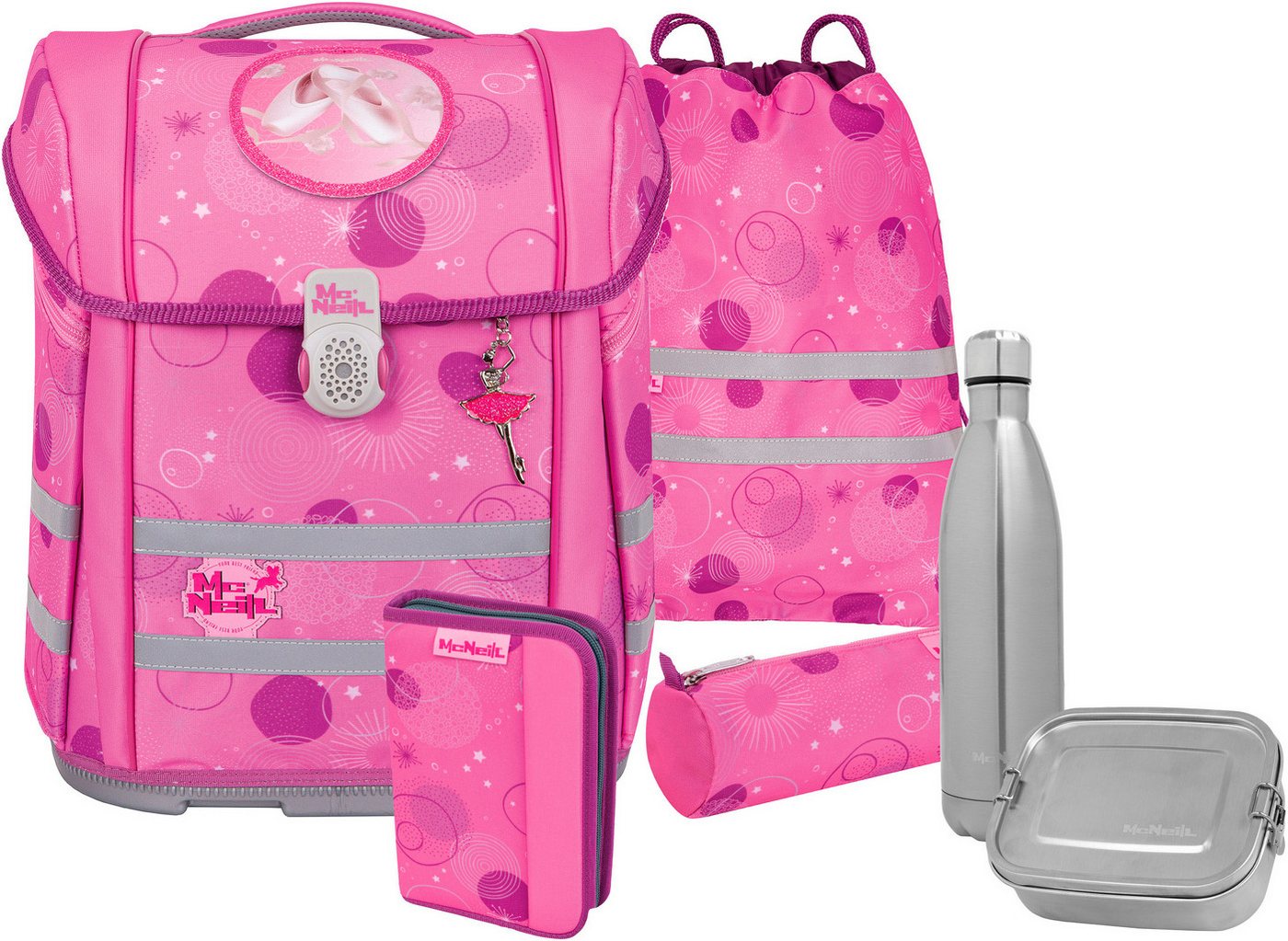 McNeill Schulranzen Perfecto, Pinky (Set, 5-tlg), inkl. Federmäppchen, Turnbeutel, Schlamperrolle & Motivmagnet von McNeill
