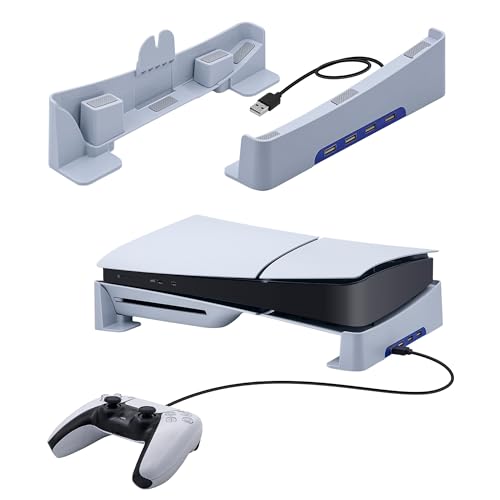 Mcbazel PS5 Slim horizontaler Standfuß mit zusätzlichen 4 USB-Hubs für das Laden/Datenübertragung, Standunterstützungszubehör mit rutschfestem Silikonpad für Playstation 5 Slim Digital/Disc - Weiß von Mcbazel