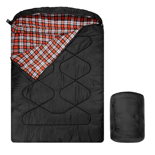 Mcota Baumwollflanell Doppelschlafsäcke für Winter, wasserdichter Queen-Size-Schlafsack für 2-Personen-Kaltwettercamping, Rucksack oder Reisen, doppelte breite Schlafsäcke für Familie oder Paare von Mcota
