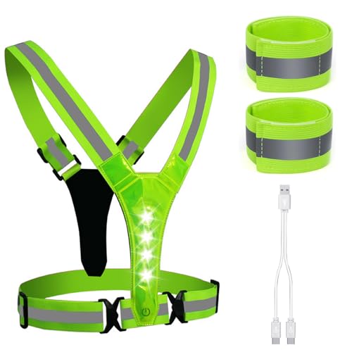 LED Warnweste, Fahrrad Laufweste, Reflektoren Kleidung Lauflicht, Laufweste Reflektierend mit 2 Reflektorband Elastische Einstellbar für Damen Herren Kinder Joggen Wandern Radfahren(3 Moder) von MeYuxg