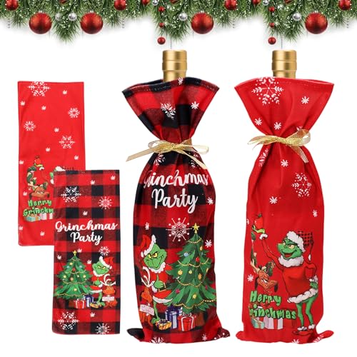 2 Stück Weinflaschen Verpackung, Flaschentüten, Geschenktüten für Weinflaschen, Flaschentüten Weihnachten Grinch Motiv, Flaschenhülle Weintasche, Weintüten für Wein Weihnachten Geschenk Tischdeko von Mecctuck
