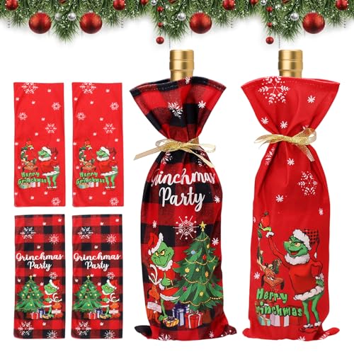 4 Stück Weinflaschen Verpackung, Flaschentüten, Geschenktüten für Weinflaschen, Flaschentüten Weihnachten Grinch Motiv, Flaschenhülle Weintasche, Weintüten für Wein Weihnachten Geschenk Tischdeko von Mecctuck