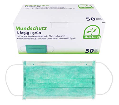 Medi-Inn+ Mundschutz Atemschutz 3-lagig mit Nasenbügel und Elastikbändern grün Typ II (50 Stück) von Medi-Inn+