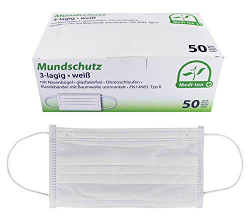 Medi-Inn+ Mundschutz Atemschutz Gesichtsmaske Einwegmaske mit Elastikbändern Typ II 3-lagig weiß (10 x 50 = 500 Stück) von Medi-Inn+